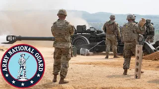 US National Guard. Powerful M777 Howitzers. Direct fire.