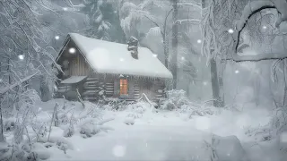 Secluded Snowfall: Rustic Cabin Retreat with Gentle Storm