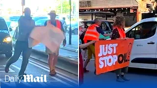 Angry van driver ploughs through Just Stop Oil banner as motorists lose their patience