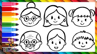 Zeichnen und Ausmalen einer Familie: Großeltern, Eltern und Kinder 👵🏻👴🏻👩👨👧👦🌈 Zeichnungen für Kinder