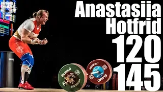 Anastasiia Hotfrid (90kg Georgia) 120kg Snatch 145kg Clean and Jerk - 2017 world champion