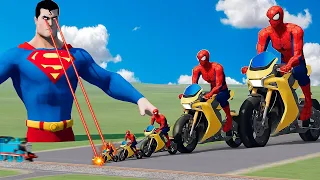 Big & Small Spiderman on a motorcycle vs Big & Small Mcqueen vs SuperMan Way  in BeamNG.drive
