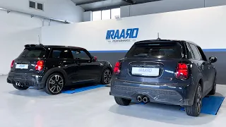 Mini F56 LCI2 JCW vs Cooper S exhaust sound OEM vs RAARO Performance OPF delete midpipe & Pops&Bangs