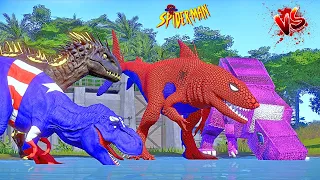 Spider-Man Shark vs Captain America T-Rex, Batman Indominus Rex vs Minecraft Spinosaurus Battle