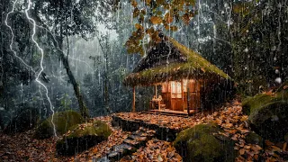 Goodbye Insomnia with Heavy Rain & Thunder Growls on a Stale Tin Roof in Foggy Murky Forest at Night