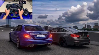 Assetto Corsa - Mercedes E63s & BMW M4 Cutting Up Through Traffic | Logitech G29 Gameplay