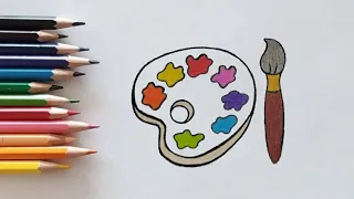 How to draw an easy colorful brush and palette / Easy drawing for kids / Easy drawing and coloring