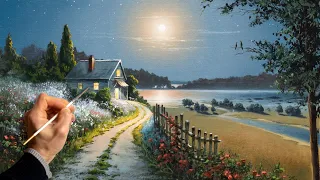 Oil Painting Landscape - Full Moon Summer / Easy Art / Drawing Lessons / Satisfying Relaxing