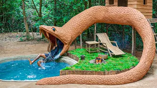 Build Luxury Hut and Building King Cobra snake water slide to Swimming Pool