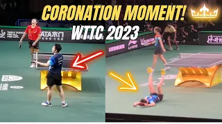 The coronation moment of Fan Zhendong and Sun Yingsha at WTTC Durban 2023