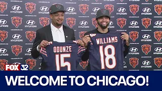 Caleb Williams, Rome Odunze speak at Halas Hall after arriving in Chicago