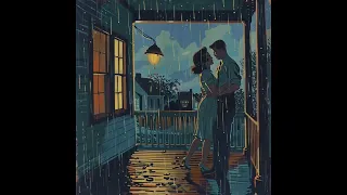 vintage lovers on the porch; it's raining and 1940s music is playing