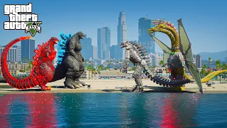 Shin Godzilla, Godzilla Rider vs Mechagodzilla, Mecha Ghidorah - Epic Scene ( GTA V Mods )