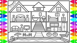 How to Draw a House with a Swimming Pool ❤️💜💚💙House with a Pool Drawing and Coloring Page