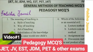 Vid#1)General Methods of Teaching (Pedagogy MCQ's) JET, JV, EST, JDM, PET and other exams.