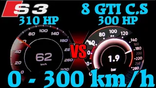 VW Golf gti C.S 300 HP  vs Audi s3 310 hp DragRace Acceleration 0- 300 km/h