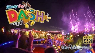 2019 Slinky Dog Dash Roller Coaster at Night with Fireworks On Ride Ultra HD 4K POV Disney World