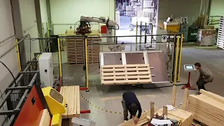Pallet Manufacturing - Leg Nailing Machine working with Robotic Pallet Nailer