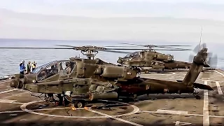 Apache Helicopters Land On USN Ship To Rearm & Refuel