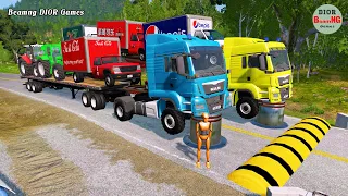 Double Flatbed Trailer Truck cars vs rails tractor vs train cars vs bollards Beamng Drive 316