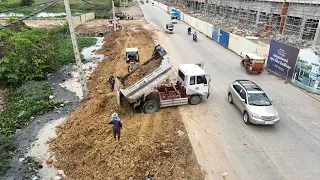 Amazing Nice Action , Bulldozer Komatsu D20P Push Trash and Dirt  and 5 Ton Truck Unloading Trash