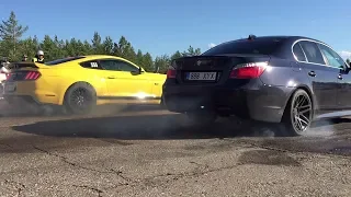 Ford Mustang GT 5.0 vs BMW 535D E60 1/4 mile drag race