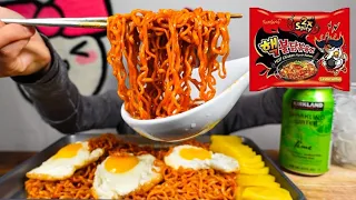 2X NUCLEAR FIRE NOODLE CHALLENGE!! (How many bites will it take to finish 3 packs of noodles?)