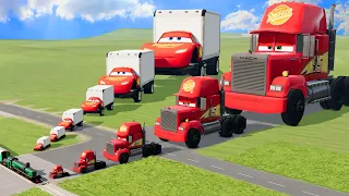 Big & Small Mack Truck vs Big & Small Lightning Mcqueen Truck vs Trains | BeamNG.Drive