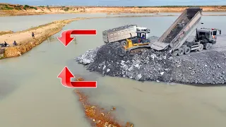 Impressive Activities Connect Side of a lake Build Road By Dozer Pushing Stone,Truck spreading Stone