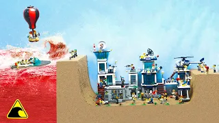 Wave Machine Destroy LEGO Prison Island - Lego Dam Breach Experiment - Tsunami Dam Breach