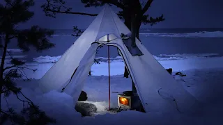 Comfort Hot Tent Winter Camping By the Lake | Solo| ASMR| Only Natural Sounds