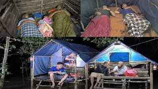 diguyur hujan deras camping membuat rumah susun di tengah hutan, tidur nyenyak sampai pagi