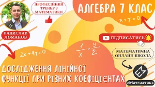 Дослідження лінійної функції при різних коефіцієнтах. Алгебра 7 клас. Урок 33