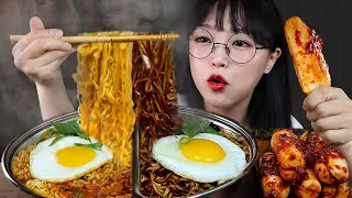 ASMR BLACK BEAN NOODLES & SPICY RAMEN with RADISH KIMCHI | COOKING & MUKBANG | EATING SOUNDS