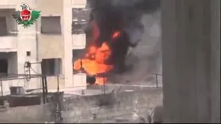 Syrian Tank takes an RPG and explodes, Jobar, Damascus