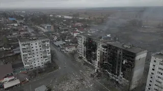 Drone video shows devastation after Russian shelling in town near Kyiv