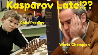 Kasparov Shows up Late vs 13 y.o. Magnus Carlsen -- Takes his time on Move 1 !!