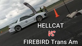 2000 Pontiac Firebird Trans Am vs Stock Hellcat Standing 1/2 Mile Drag Race Kansas Airstrip Attack