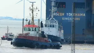 car carrier HÖEGH YOKOHAMA S6TV IMO 9185451 seabound with 2 tugs assist RoRo seaship merchant vessel