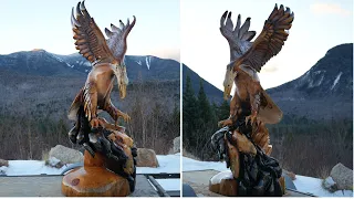Chainsaw carved eagle chasing salmon #24