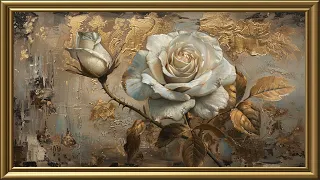 Vintage White Rose Painting | Gold Frame TV Art | Art Screensaver for TV | 1 Scene - 2 Hrs