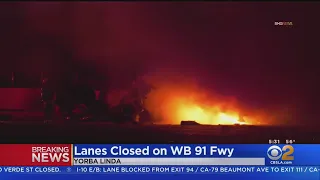 Traffic backed up for miles after fiery big-rig wreck on 91 Freeway in Yorba Linda leaves one dead