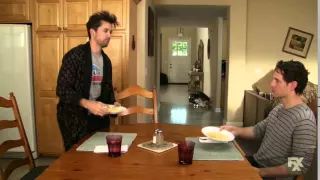 Dennis throwing away Mac's Mac & Cheese