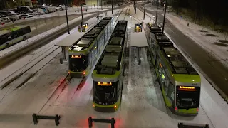 Poland / Olsztyn trams - new line. Olsztyn at night. 4K dji mini 3 pro