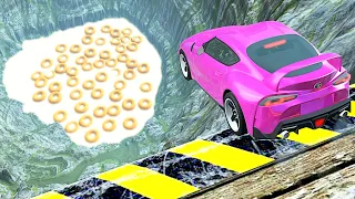 Car Jumps & Falls into Milk with Giant Cereal - BeamNG.drive