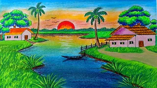 Lakeside Indian Village Scenery drawing Easy Tutorial for beginners