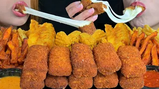 ASMR FRIED FOOD FEAST! GIANT MOZZARELLA CHEESE STICKS, CHICKEN WINGS, FRIED FISH, FRIES + RANCH 먹방