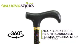 Ziggy Black Floral Height Adjustable Folding Walking Stick with Derby Handle