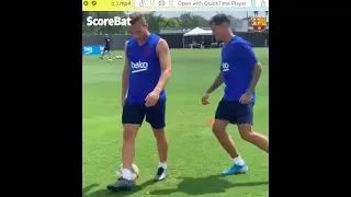Philippe Coutinho nutmegs Arthur Melo in training!