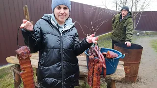 Копчені ребра, сало, м'ясо, ковбаса  в бочці на дровах💥💥💥